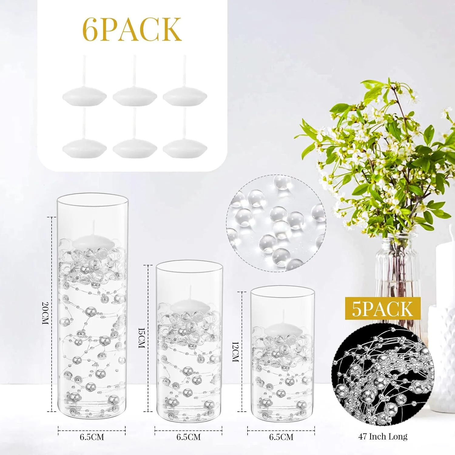 Shihanee 15 Pcs Clear Glass Cylinder Vases Centerpiece Flower Vase Candle Holder for Centerpiece Wedding Party Decor with Candles Faux Pearls String and Beads (Silver)