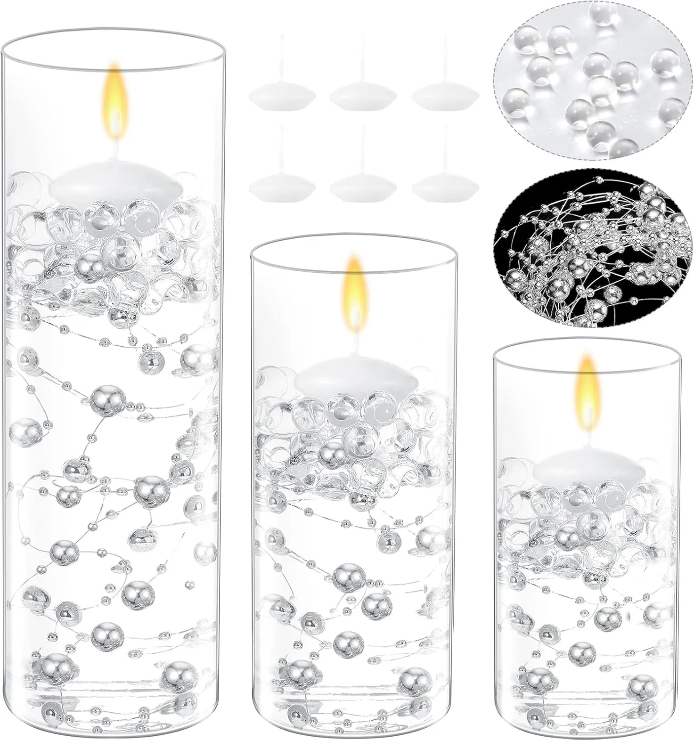Shihanee 15 Pcs Clear Glass Cylinder Vases Centerpiece Flower Vase Candle Holder for Centerpiece Wedding Party Decor with Candles Faux Pearls String and Beads (Silver)