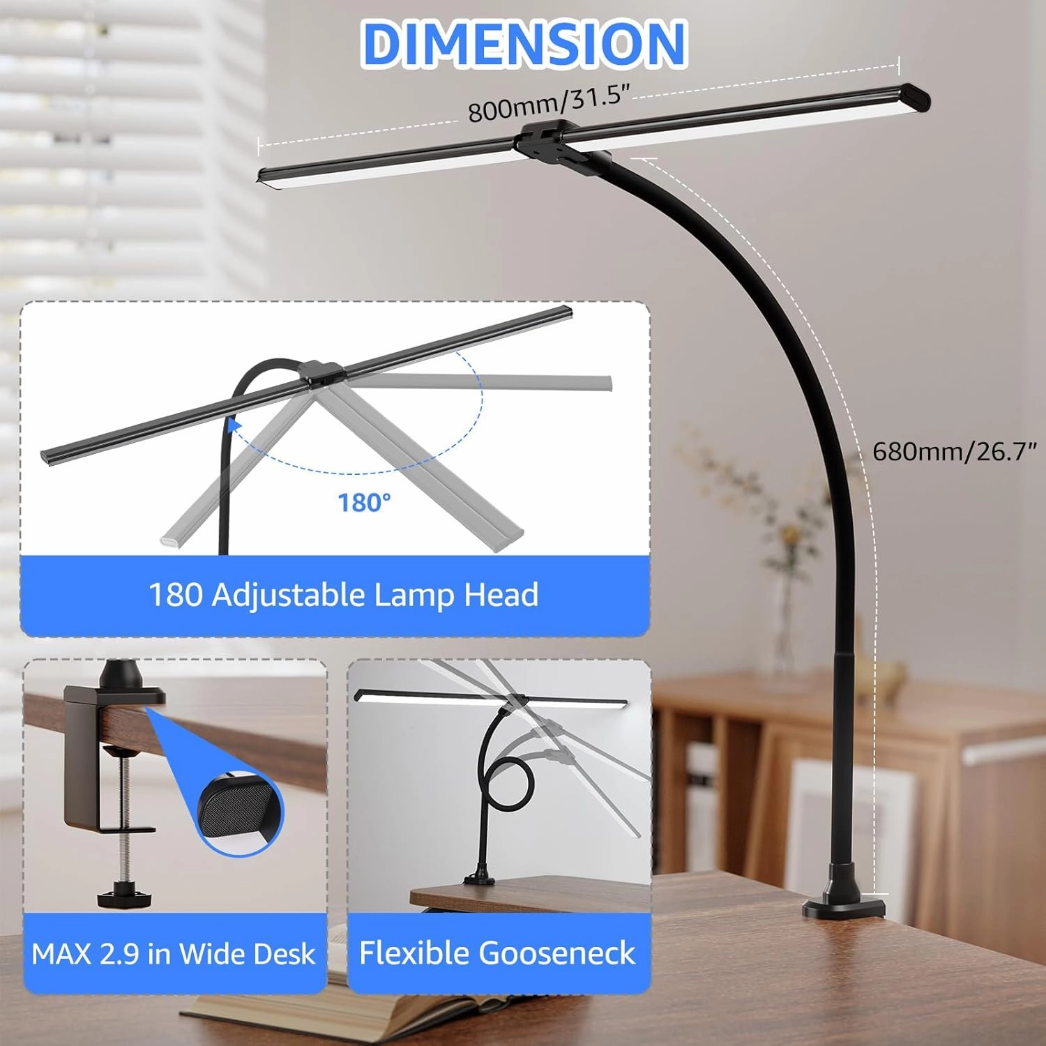 ShineTech LED Desk Lamp for Home Office, 5000K Bright Double Head Architect Task Lamps with Clamp, Dimmable Adjustable Flexible Gooseneck, Black