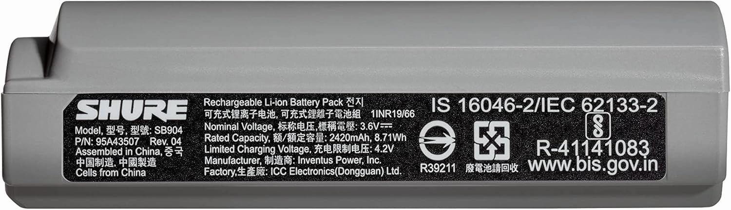 Shure GLX-D  Dual Band SB904 Lithium-Ion Rechargeable Battery with up to 12 Hours of Runtime, Compatible with GLXD  Digital Wireless Systems (GLXD1  Bodypacks and GLXD2  Handheld Transmitters)