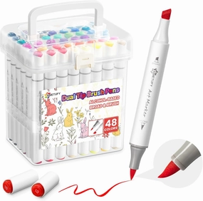 Simetufy 48 Colors Alcohol Markers Brush and Chisel Dual Tip, Coloring Art Markers Set for Adult Coloring Books, Drawing, Alcohol Based Bright Colors