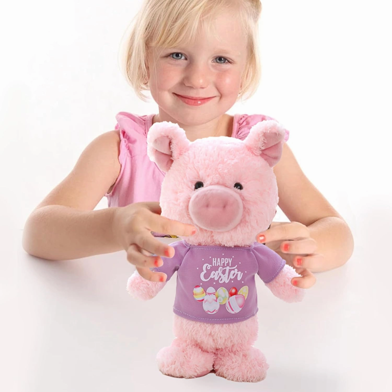 Singing Dancing Easter Plush Pig Three Holiday Outfits Interactive Plush Toy Musical Stuffed Animal Easter Decoration Kids Gift for Girls Boys Pink 9.6”