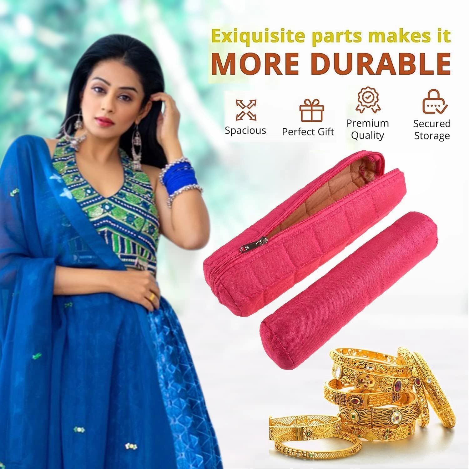 Single Rod Bangle Box | Polyester Watch Organizer for Small Jewellery | Travelling Bracelets Organizer with Zipper | Pack of 2 | Pink