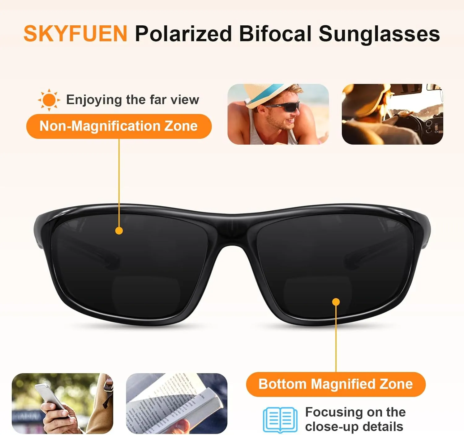 SKYFUEN Polarized Bifocal Reading Sunglasses,TR90 Wrap Sports Bifocal Build-In Sun Readers, Fishing/Driving