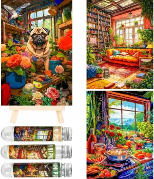 Small Jigsaw Puzzles for Adults 150 Pieces Vintage Pug Oil Painting Mini Jigsaw Puzzles Challenging Mini Puzzles 6 x 4 Inches, 3 Pcs,Easel Included