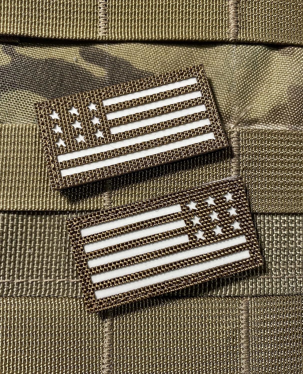 Small Coyote Brown American Flag USA Reversed/Forward Morale Patch Set 2x1" Glow in The Dark (Hook/Loop)