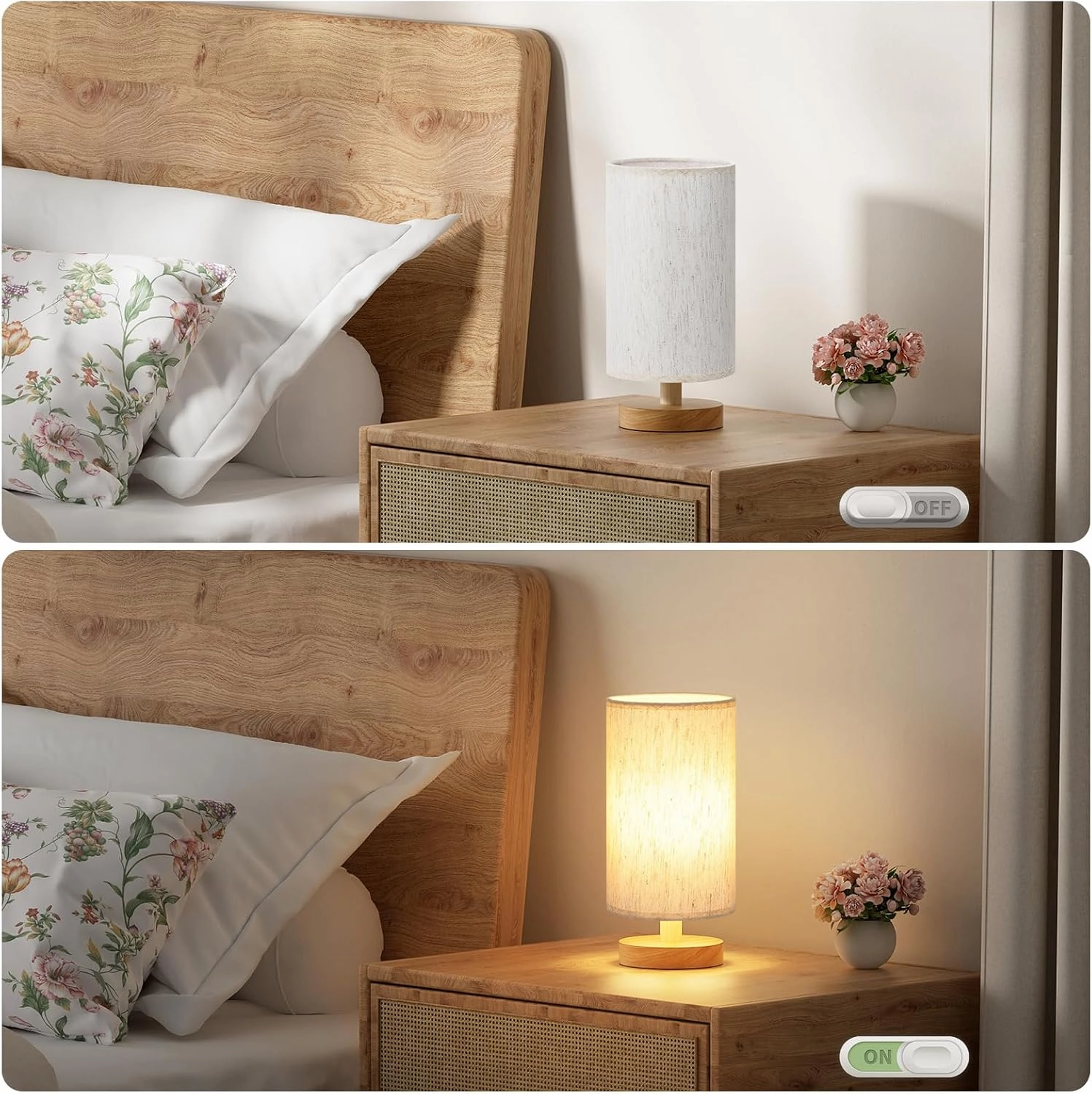 Small Lamps Set of 2 - Inline Control, Bedside Table Lamp for Bedroom with 3000K A15 LED Blub, Easy Assembly (Cream Shade - Wood Base Set of 2, 9" Inline Control)