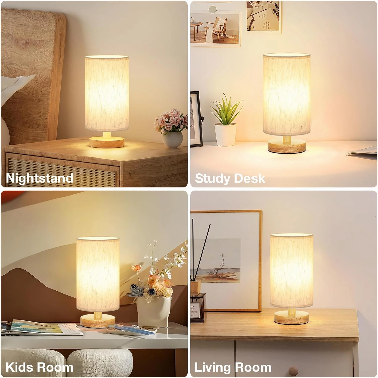 Small Lamps Set of 2 - Inline Control, Bedside Table Lamp for Bedroom with 3000K A15 LED Blub, Easy Assembly (Cream Shade - Wood Base Set of 2, 9" Inline Control)