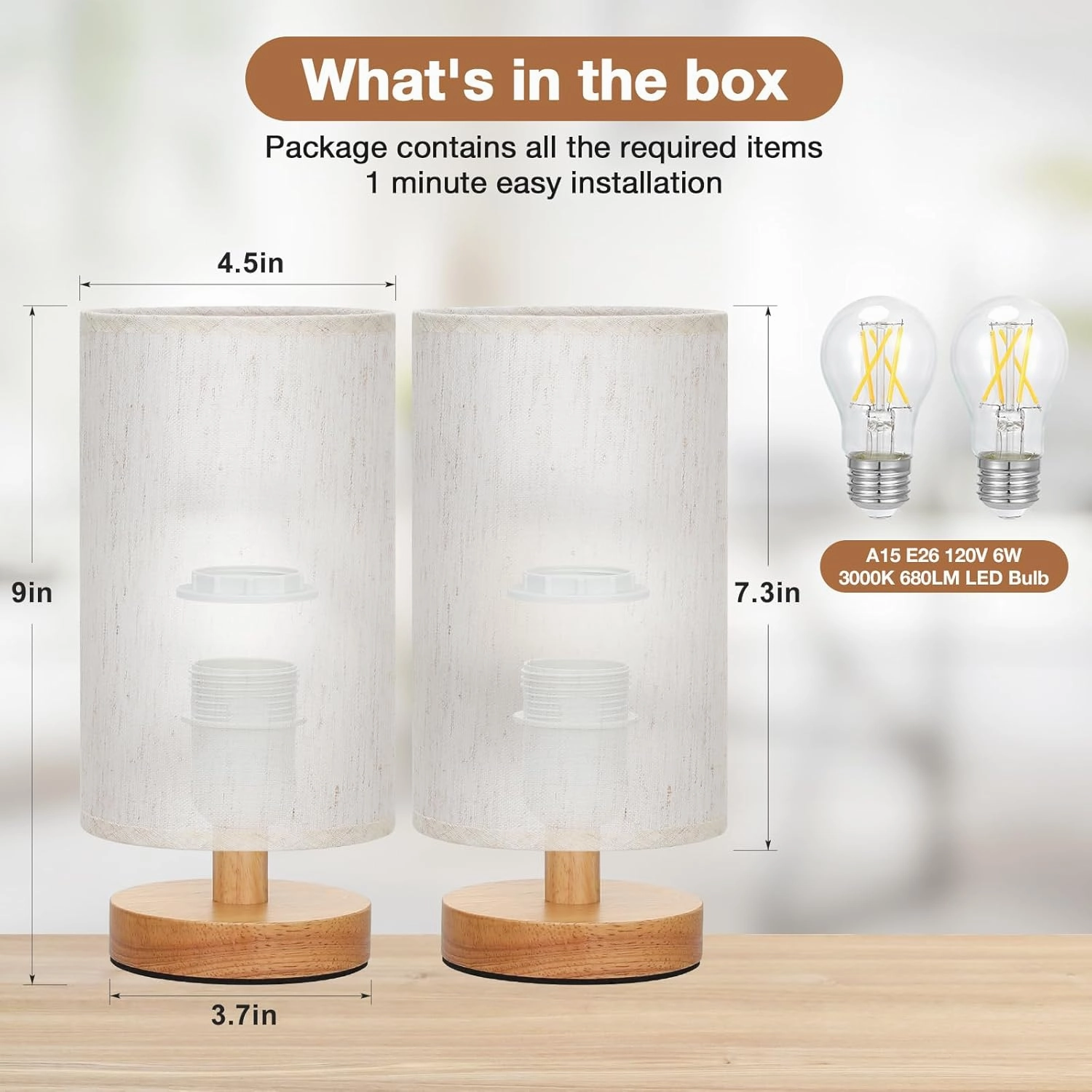 Small Lamps Set of 2 - Inline Control, Bedside Table Lamp for Bedroom with 3000K A15 LED Blub, Easy Assembly (Cream Shade - Wood Base Set of 2, 9" Inline Control)