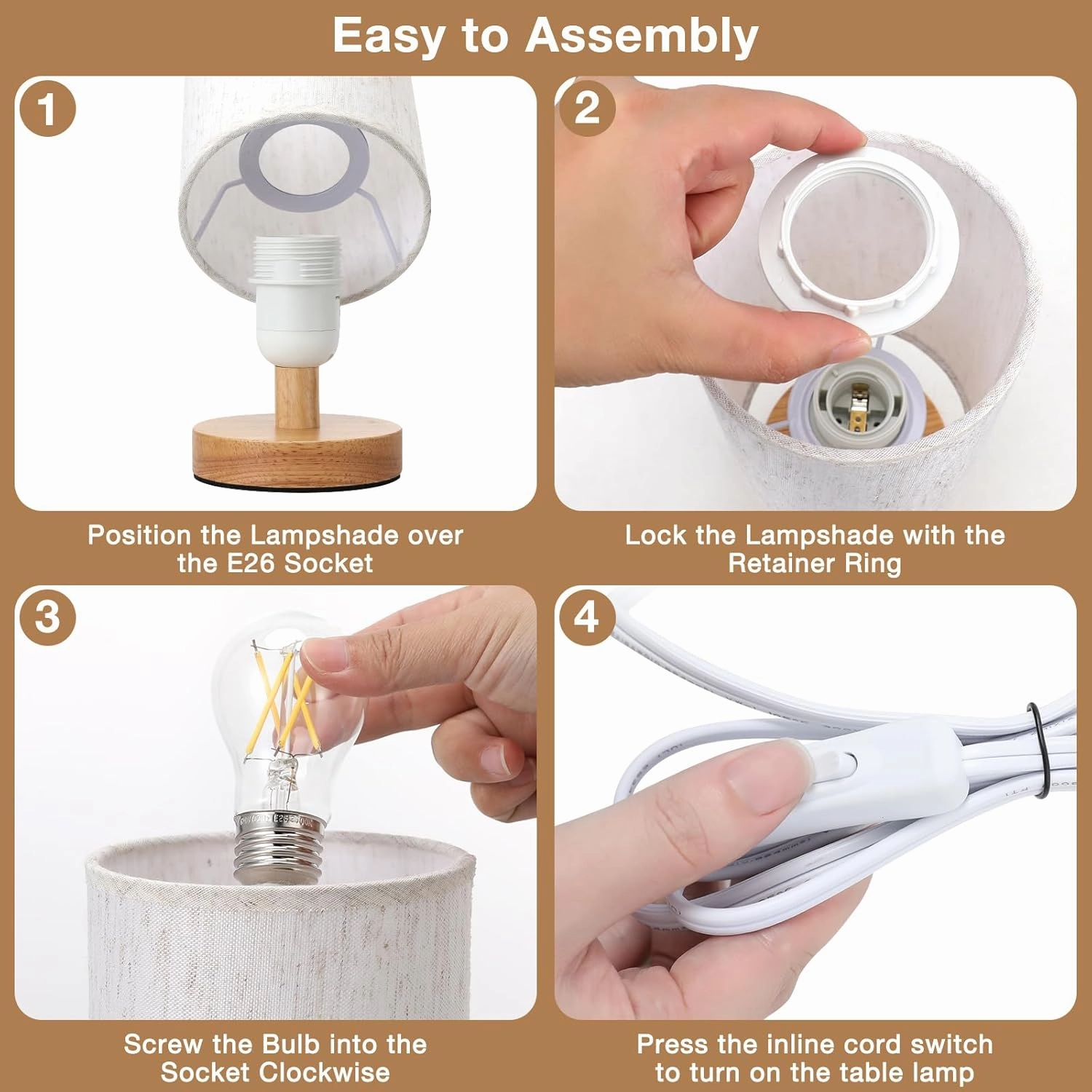 Small Lamps Set of 2 - Inline Control, Bedside Table Lamp for Bedroom with 3000K A15 LED Blub, Easy Assembly (Cream Shade - Wood Base Set of 2, 9" Inline Control)