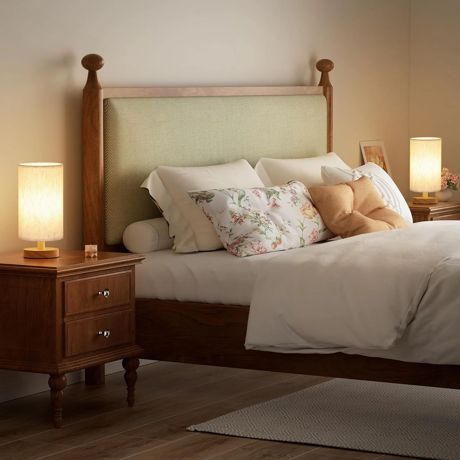 Small Lamps Set of 2 - Inline Control, Bedside Table Lamp for Bedroom with 3000K A15 LED Blub, Easy Assembly (Cream Shade - Wood Base Set of 2, 9" Inline Control)