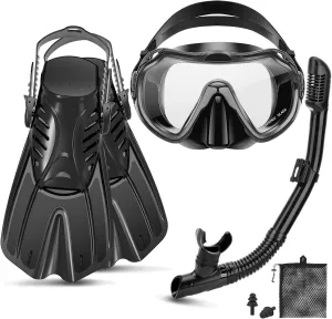 Snorkeling Gear for Adults, 4 in 1 Travel Size Mask Fins Snorkel Set with Panoramic View Anti Fog Mask, Dry Top Snorkel, Trek Fins and Travel Bag, Snorkel Gear for Swimming Diving Snorkeling