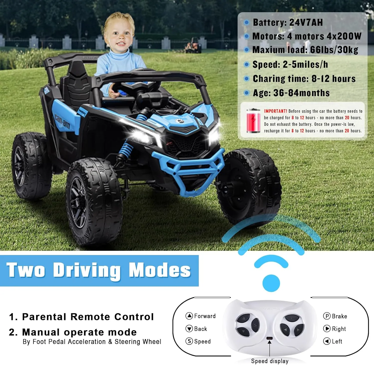 SOAR 24V Ride On Toys - UTV for Kids, 2 Seats Remote Control, 4 Wheeler Quad Off-Road, 7AH Battery Powered 2WD/4WD, Licensed Can-Am, Parental Mode