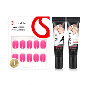 Soft Gel Press on Nails, Fake Nails with Bright-Pink and semi solid nail glue kit