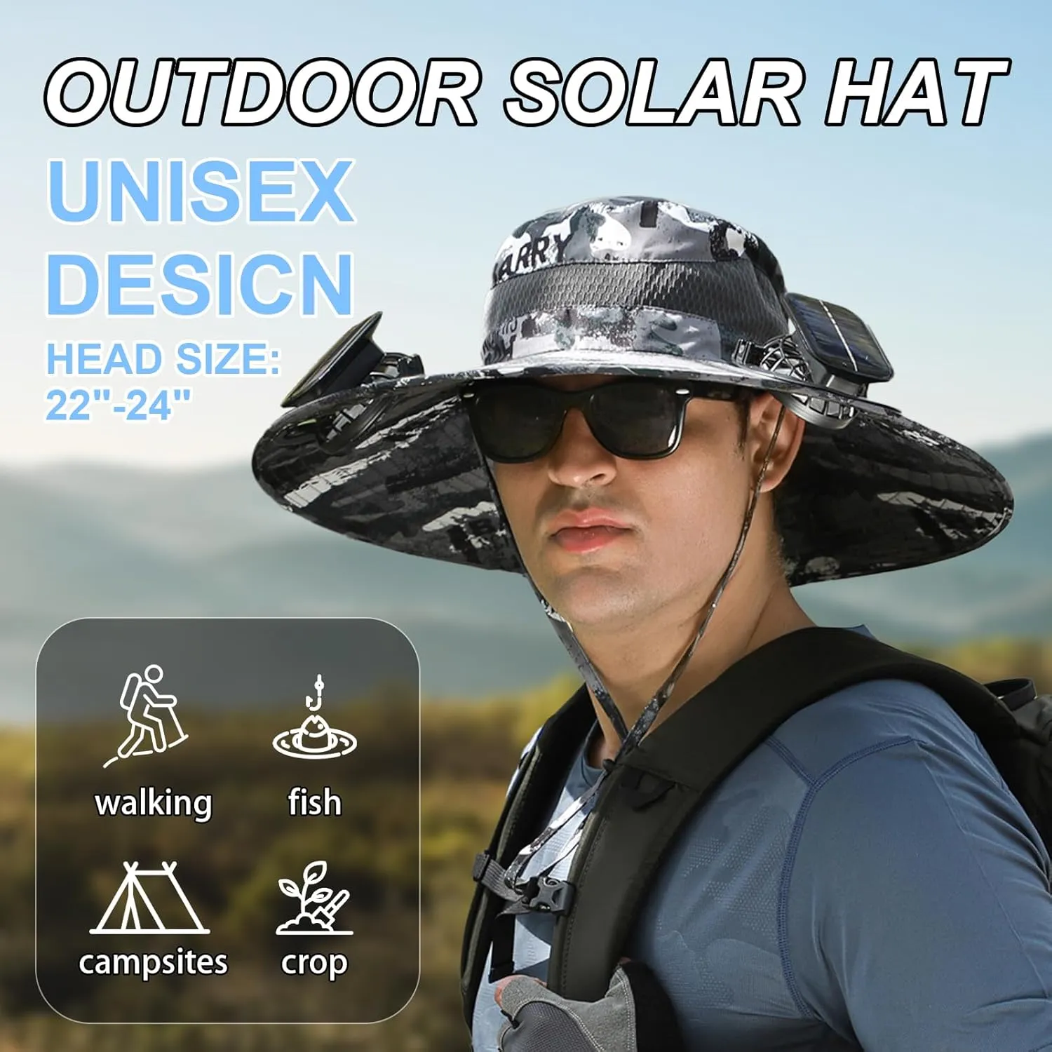 Solar Fan Hat for Men - Dual-Powered UPF 50  Wide Brim Hat, Solar & USB Rechargeable Outdoor Fishing Hat for Camping, Hiking