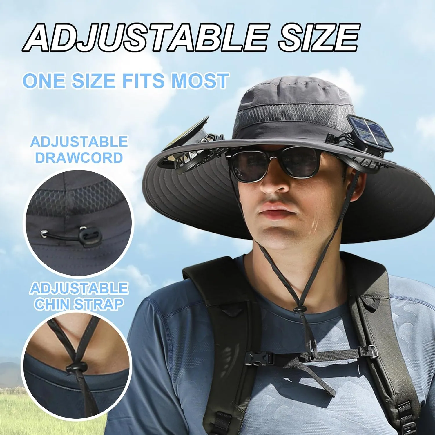 Solar Fan Hat for Men - Dual-Powered UPF 50  Wide Brim Hat, Solar & USB Rechargeable Outdoor Fishing Hat for Camping, Hiking