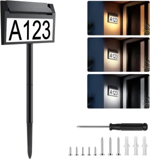Solar House Number Sign, deerdance LED Illuminated Outdoor Address Plaque with Smart Control, 3-Color in 1 Waterproof Solar Powered House Number Light with Stakes for Outside Home, Yard, Street, House