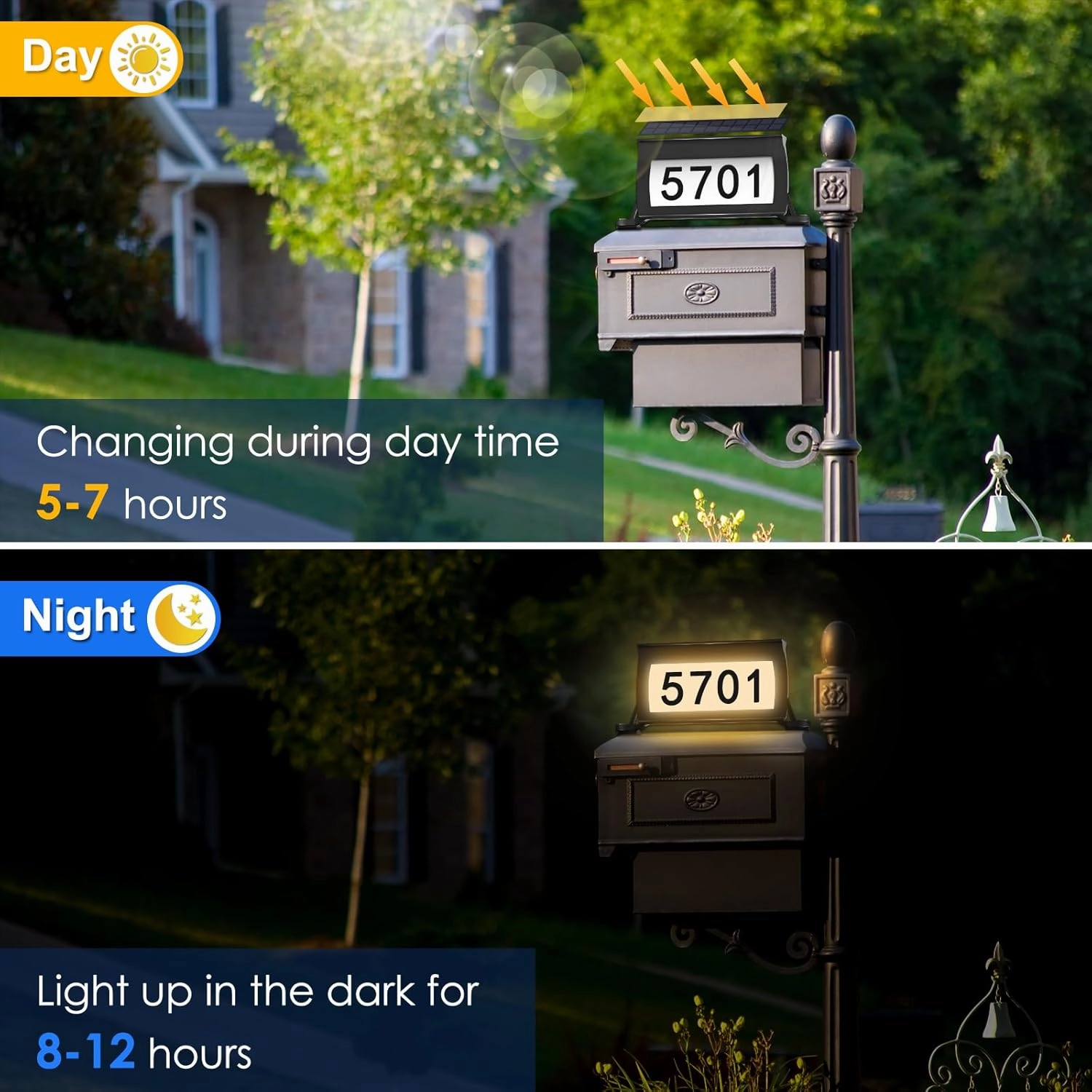 Solar Backlit Address Sign for Mailbox, House Number Plaque Double Side Illuminated Design IP65 Waterproof, 3-Color in 1 Easy to Install Mailbox Topper for Vistor, Mailman, UberEats, Emergency Service