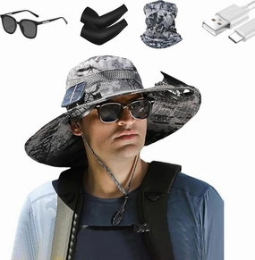 Solar Fan Fishing Hat – Wide Brim Outdoor Sun Hat with Solar Powered Fans, USB Rechargeable, Breathable and Waterproof