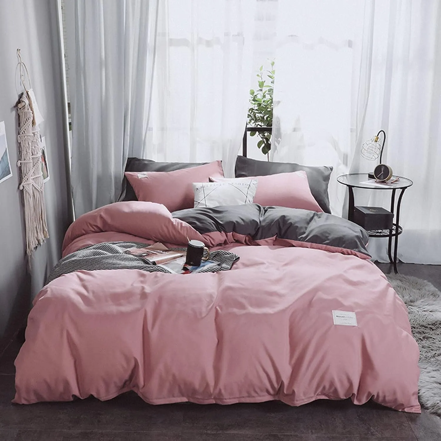 Solid Color Washed Cotton Duvet Cover Set,Textured Breathable Ultra Soft Comforter Cover Set,Durable Comfy Reversible Bedding Set for Home-Green a Full 180x220cm(71x87inch) (Pink B Twin 150x200cm(59x
