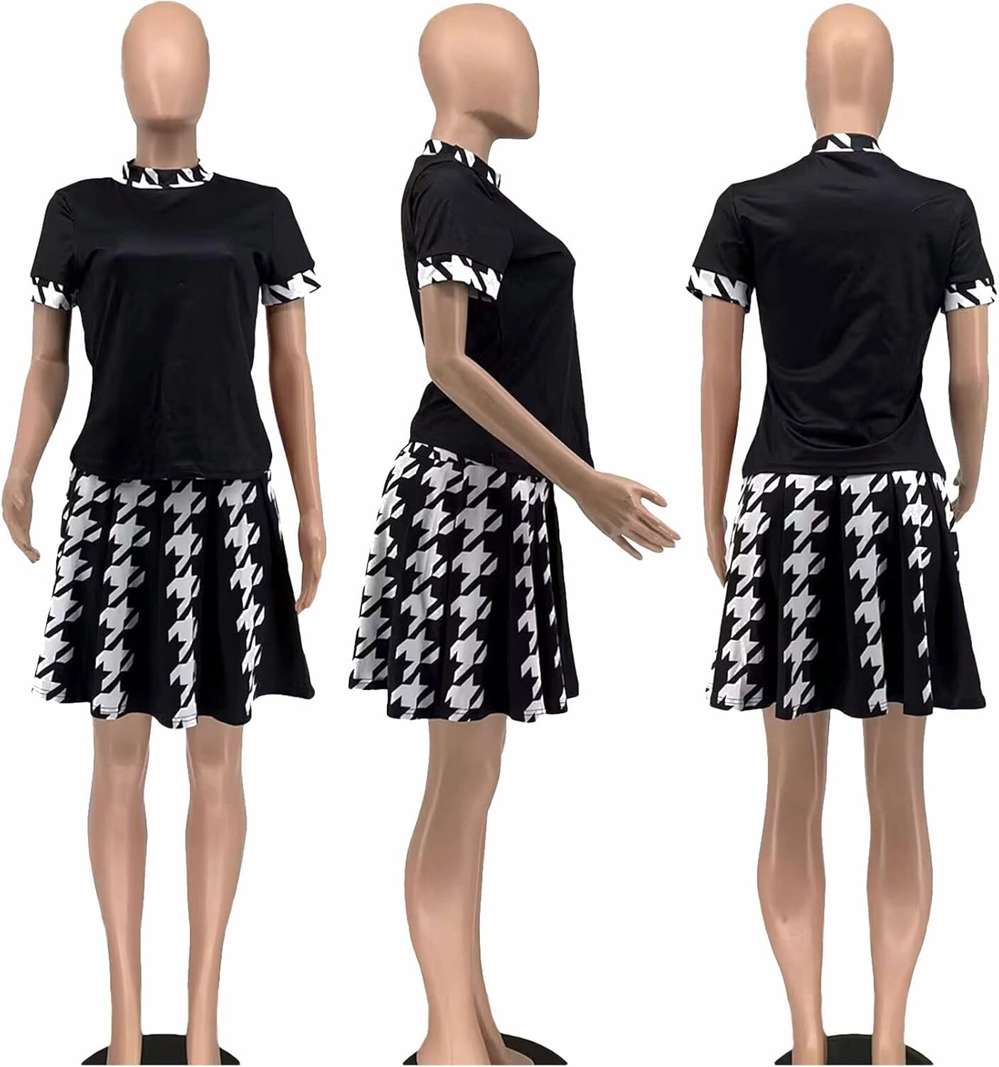 SOMTHRON Women's Houndstooth Print 2 Piece Outfit Sexy Short Sleeve T-Shirt and Pleated Mini Skirt Set Suit