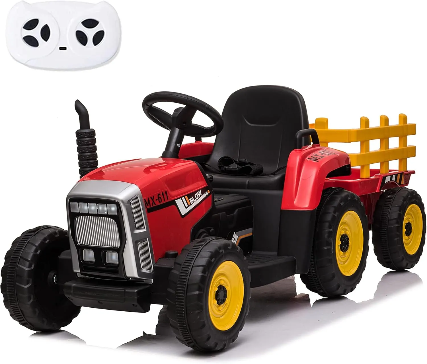 sopbost 12V 7Ah 2WD Kids Ride On Car with Remote Control Electric Ride On Toys Car Battery Powered Ride On Tractor with Detachable Trailer, LED Light, Music Player, Red & Yellow