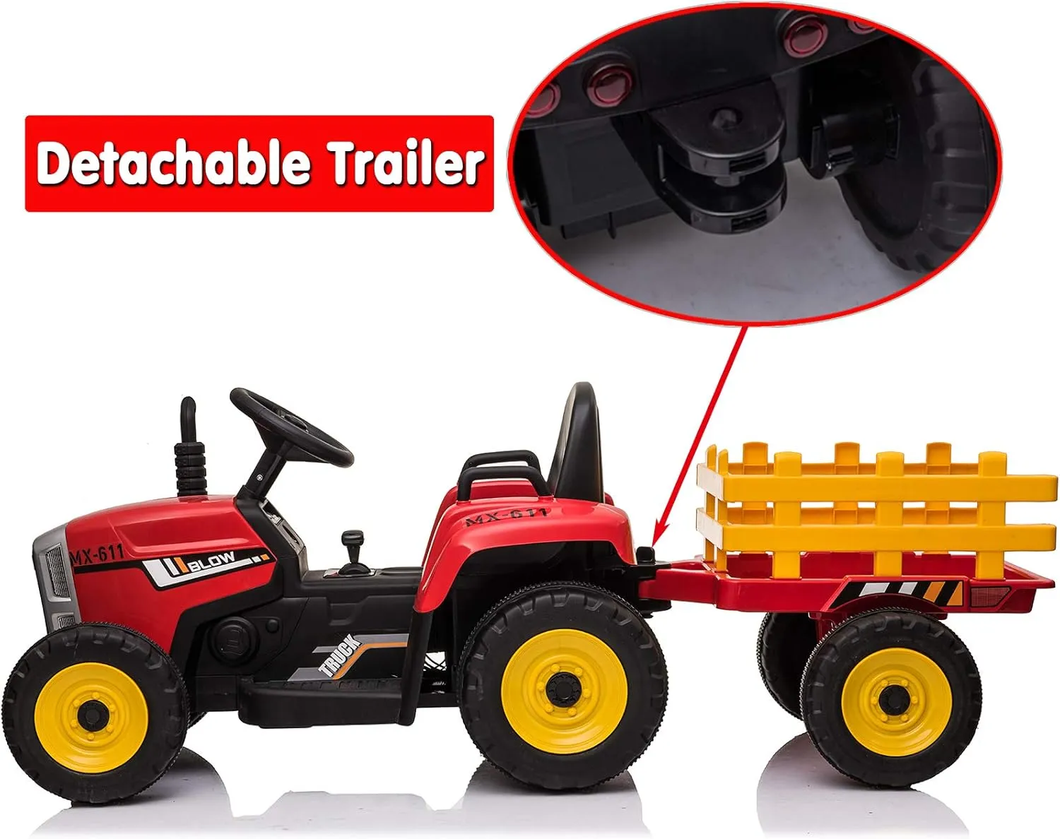 sopbost 12V 7Ah 2WD Kids Ride On Car with Remote Control Electric Ride On Toys Car Battery Powered Ride On Tractor with Detachable Trailer, LED Light, Music Player, Red & Yellow