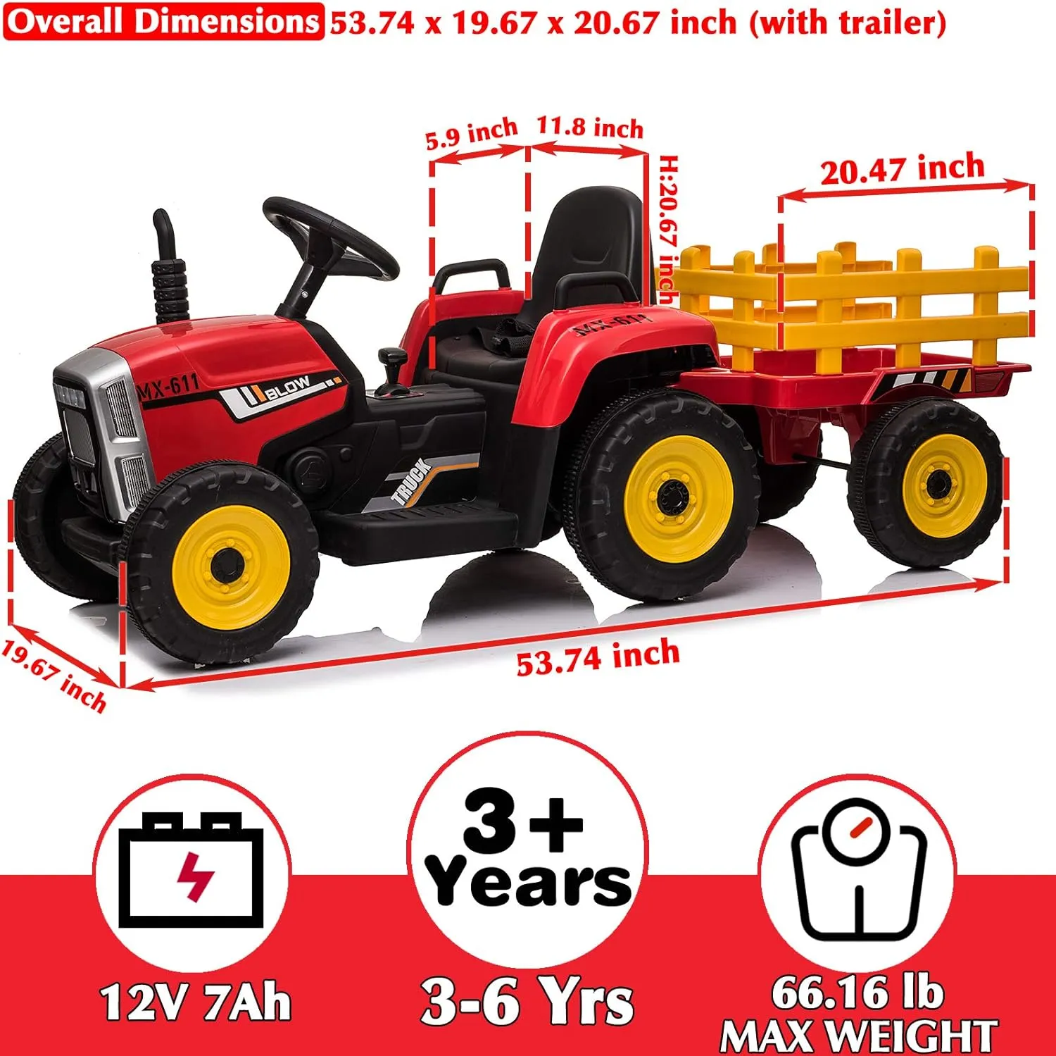 sopbost 12V 7Ah 2WD Kids Ride On Car with Remote Control Electric Ride On Toys Car Battery Powered Ride On Tractor with Detachable Trailer, LED Light, Music Player, Red & Yellow