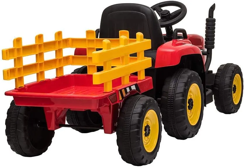sopbost 12V 7Ah 2WD Kids Ride On Car with Remote Control Electric Ride On Toys Car Battery Powered Ride On Tractor with Detachable Trailer, LED Light, Music Player, Red & Yellow
