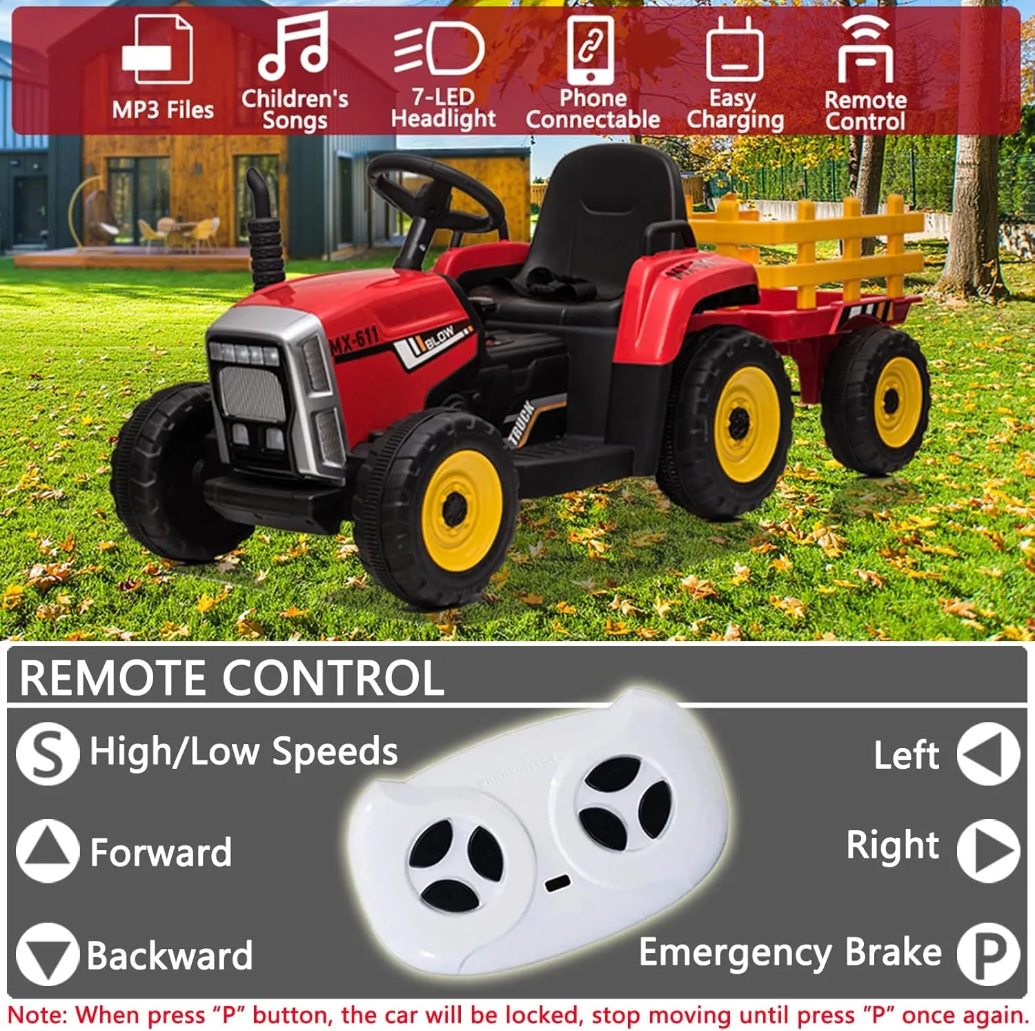 sopbost 12V 7Ah 2WD Kids Ride On Car with Remote Control Electric Ride On Toys Car Battery Powered Ride On Tractor with Detachable Trailer, LED Light, Music Player, Red & Yellow