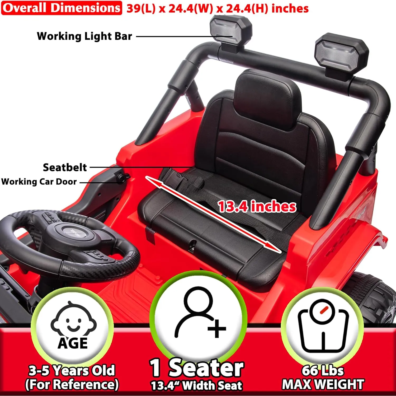 sopbost 12V Ride on Truck, 12V 7Ah Battery Powered Electric Vehicle Car for Kids 3-5 Years with Remote, Working Headlight & Search Light Bar, Horn & Music - Red
