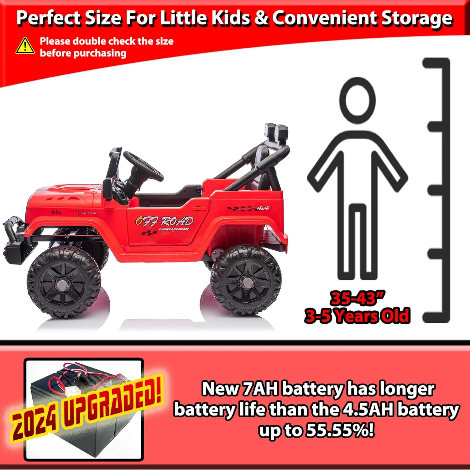 sopbost 12V Ride on Truck, 12V 7Ah Battery Powered Electric Vehicle Car for Kids 3-5 Years with Remote, Working Headlight & Search Light Bar, Horn & Music - Red