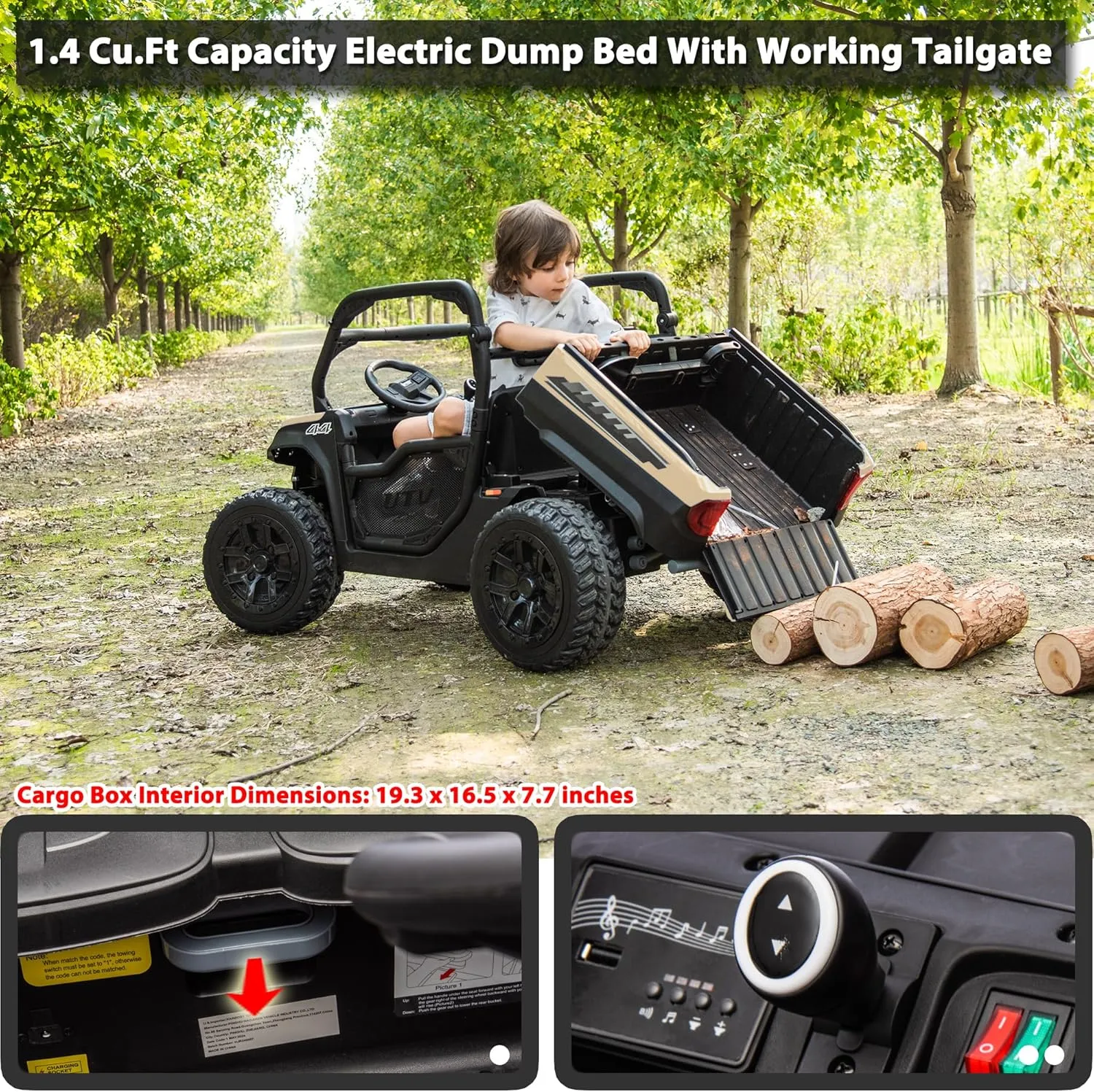 sopbost 24V Ride On Toys for Big Kids to Drive 2 Seater Electric Car with Remote Control 10Ah Battery Powered Side by Side UTV with Large Dump Bed, 4x75W Motors, Quicksand & Black