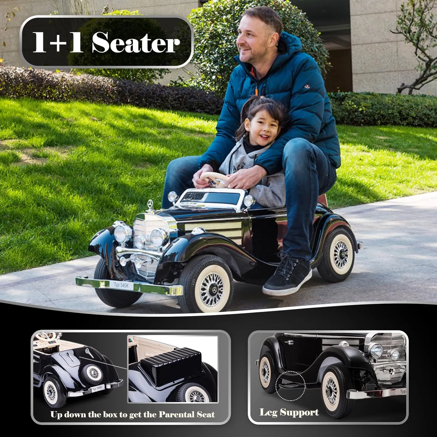 sopbost Kids Ride On Car with Remote Control Compatible with Mercedes Benz 12V 14Ah Power Vehicles Wheels Parent-Child Max Load 220Ibs Ride on Toys Classic Electric Ride-on Car for Boys Girls, Black