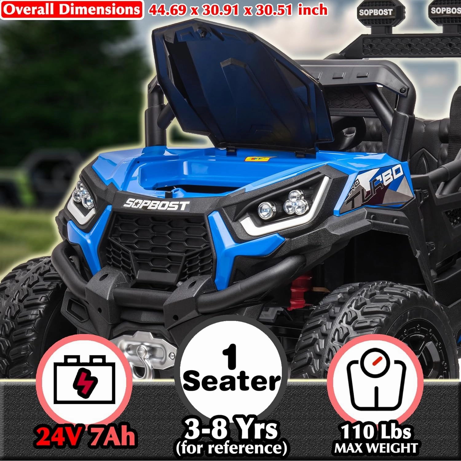 sopbost 24V Ride On Toy for Big Kids 3-8, 4WD/2WD Electric Vehicle with Remote Control, Bluetooth, Rubber Tires, 4x4 Shock Absorbers, 5MPH High Speed, Blue