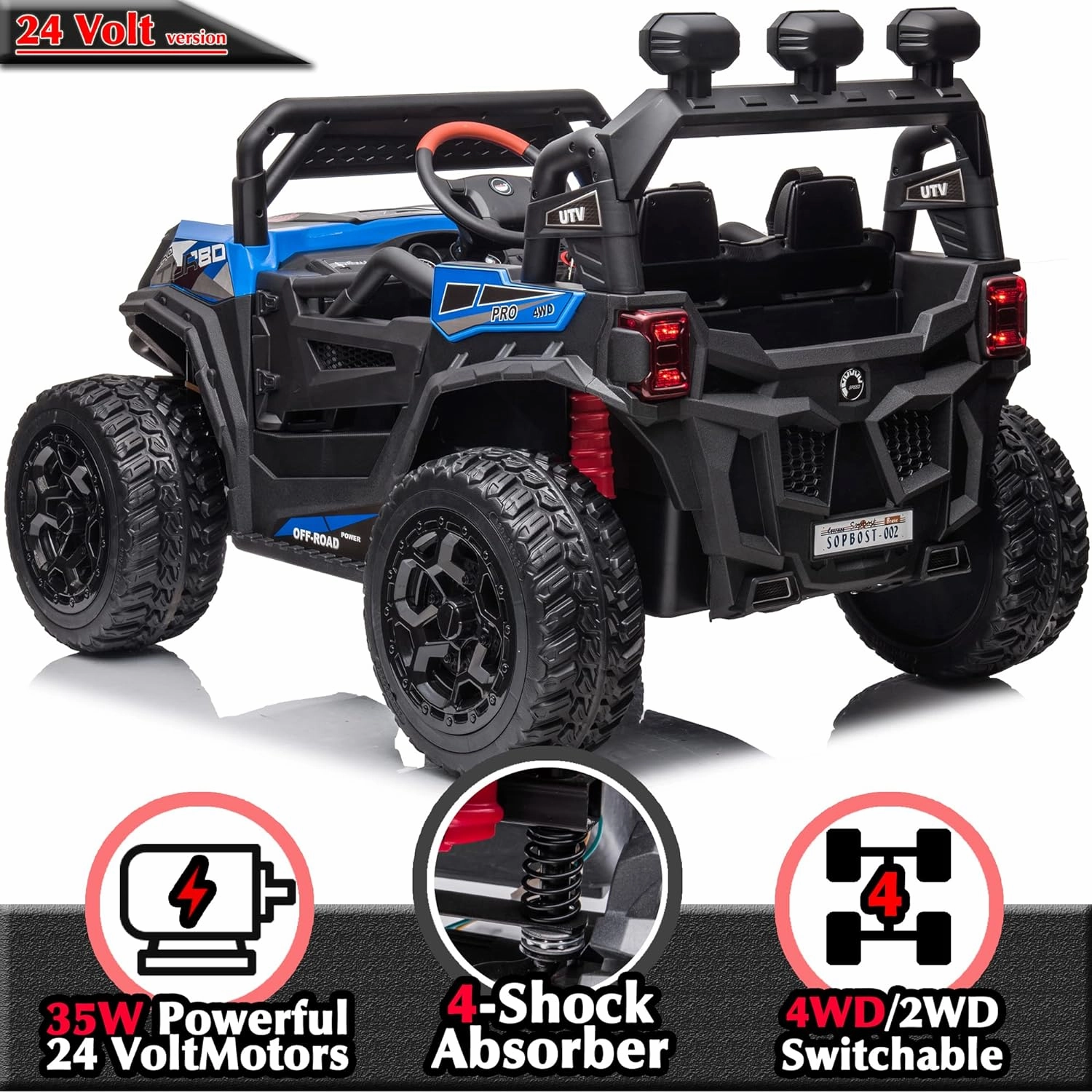 sopbost 24V Ride On Toy for Big Kids 3-8, 4WD/2WD Electric Vehicle with Remote Control, Bluetooth, Rubber Tires, 4x4 Shock Absorbers, 5MPH High Speed, Blue