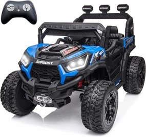 sopbost 24V Ride On Toy for Big Kids 3-8, 4WD/2WD Electric Vehicle with Remote Control, Bluetooth, Rubber Tires, 4x4 Shock Absorbers, 5MPH High Speed, Blue