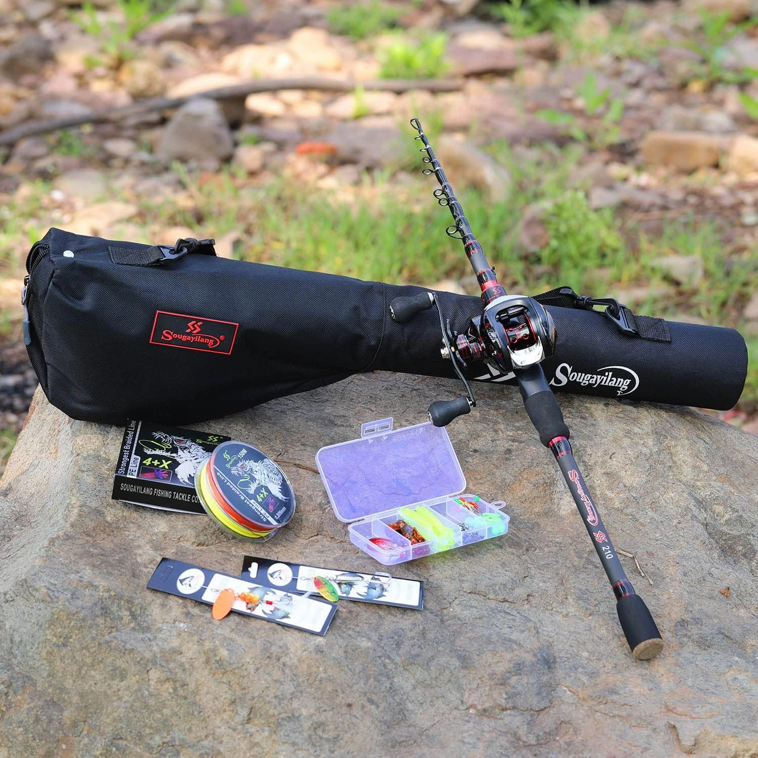 Sougayilang Fishing Rod and Reel Combo, Telescopic Casting Rod Baitcasting Reel with Carrier Bag Baitcaster Combo for Freshwater Saltwater