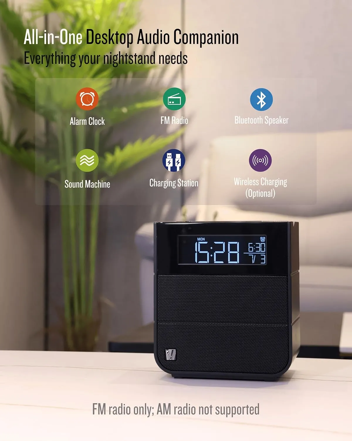Sound Rise II, SFQ-16: Bedside Alarm Clock Radio & Bluetooth Speaker, with Large Display Screen, FM Radio, Fast USB Charging, and Nature Sound
