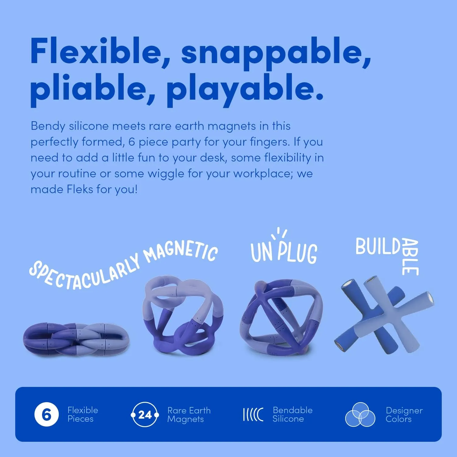 Speks Fleks Flexible Silicone Magnetic Fidget Toy - Fun Desk Toy for Adults & Teens 14  | Sensory Gadget, Stress Relief | 6-Piece Set, Bluegrass