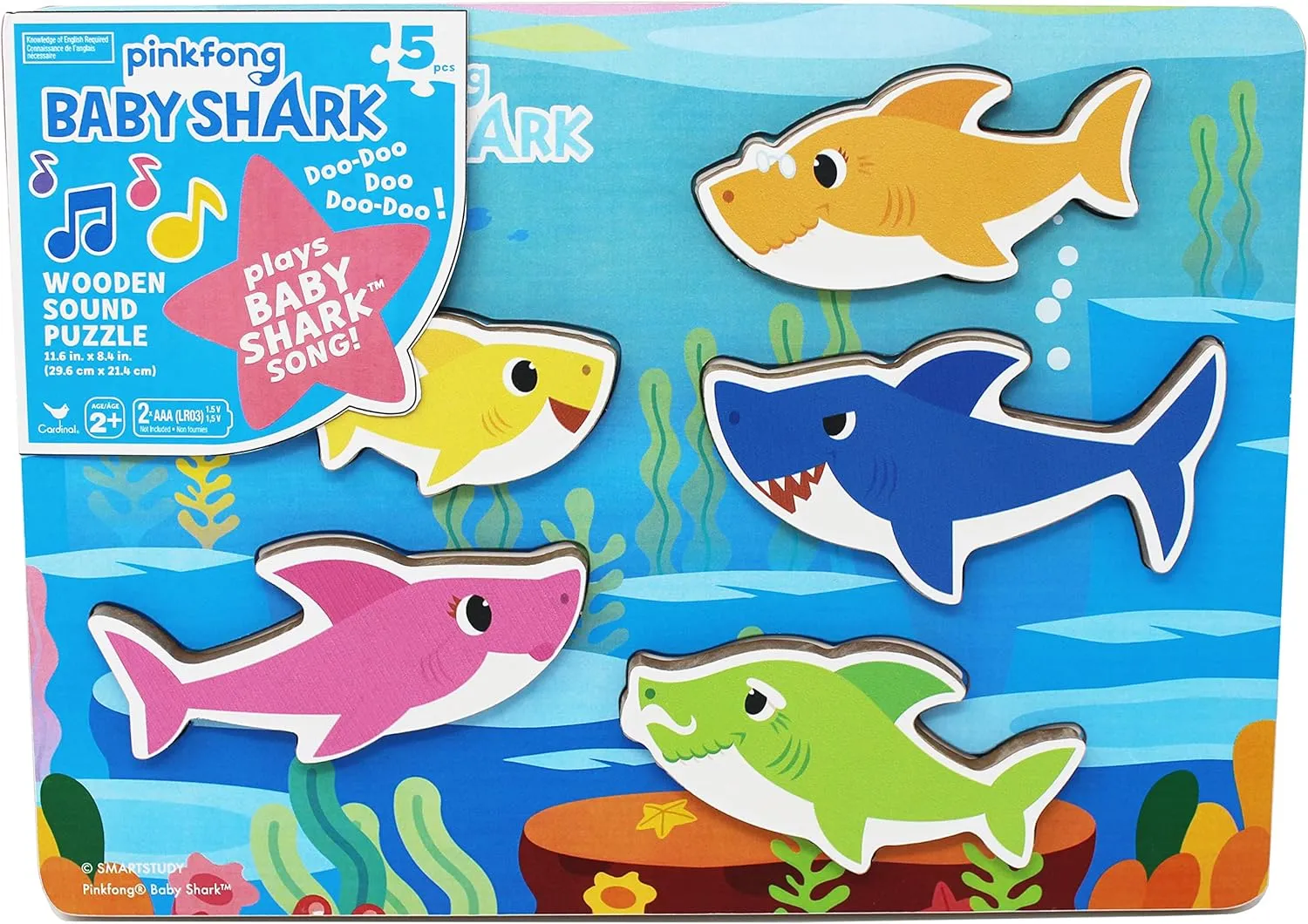 Spin Master Games Pinkfong Baby Shark Musical Wooden Sound Puzzle, Plays Viral Song, 5 Pieces, Toddler Toys Ages 2 & Up
