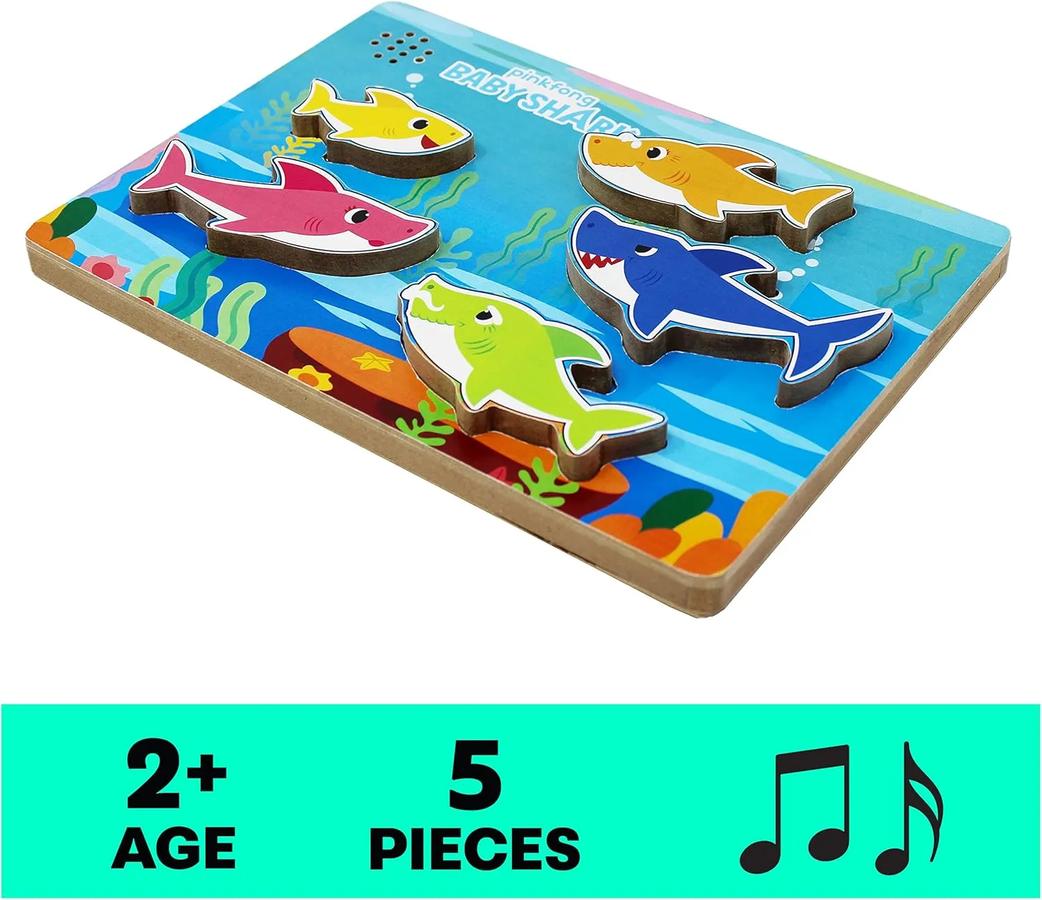 Spin Master Games Pinkfong Baby Shark Musical Wooden Sound Puzzle, Plays Viral Song, 5 Pieces, Toddler Toys Ages 2 & Up