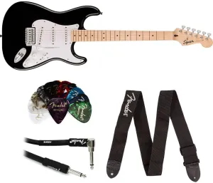 Squier Sonic Stratocaster Electric Guitar, Black, Maple Fingerboard, White Pickguard Bundle with Fender Logo Guitar Strap Black, Fender 12-Pack Celluloid Picks, and Straight/Angle Instrument Cable