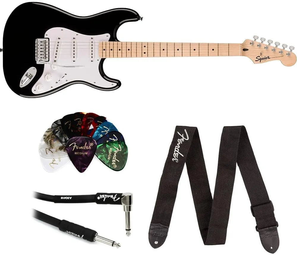 Squier Sonic Stratocaster Electric Guitar, Black, Maple Fingerboard, White Pickguard Bundle with Fender Logo Guitar Strap Black, Fender 12-Pack Celluloid Picks, and Straight/Angle Instrument Cable