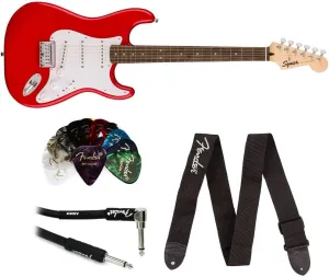 Squier Sonic Stratocaster HT Electric Guitar, Torino Red, Laurel Fingerboard, White Pickguard Bundle with Fender Logo Guitar Strap, Fender 12-Pack Celluloid Picks, and Straight/Angle Instrument Cable