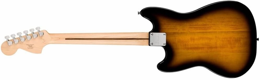 Squier Sonic Mustang Electric Guitar 2-Color Sunburst, Maple Fingerboard Bundle with Fender Logo Guitar Strap Black, Fender 12-Pack Celluloid Picks, and Straight/Angle Instrument Cable