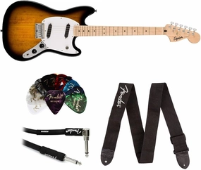 Squier Sonic Mustang Electric Guitar 2-Color Sunburst, Maple Fingerboard Bundle with Fender Logo Guitar Strap Black, Fender 12-Pack Celluloid Picks, and Straight/Angle Instrument Cable