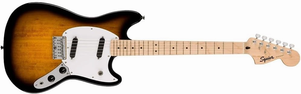 Squier Sonic Mustang Electric Guitar 2-Color Sunburst, Maple Fingerboard Bundle with Fender Logo Guitar Strap Black, Fender 12-Pack Celluloid Picks, and Straight/Angle Instrument Cable