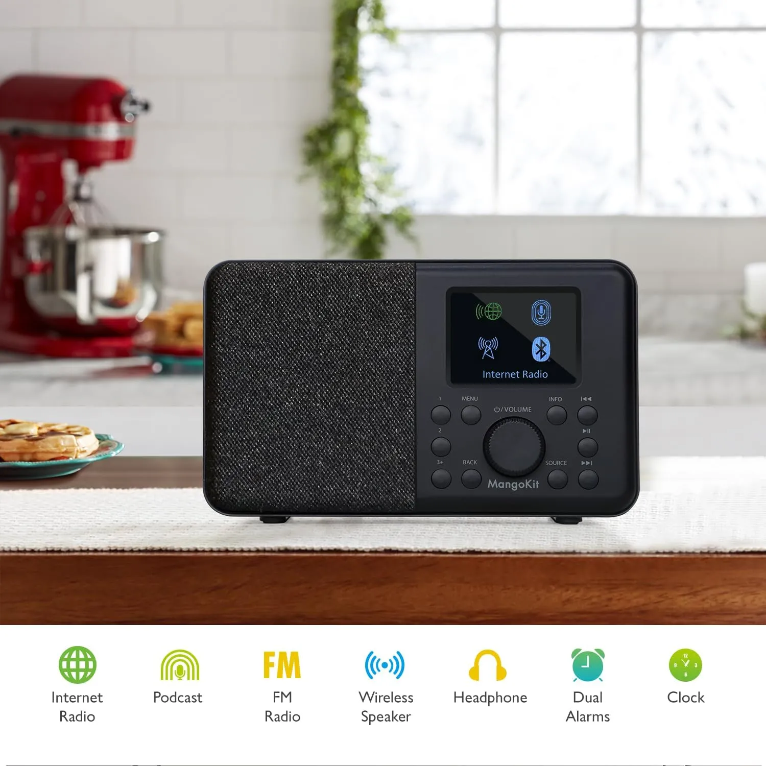 SR10 Smart WiFi Internet Radio, Podcast Player, Bluetooth Speaker, Portable FM Radio, Mains and Battery Powered Radio, Color Display,Dual Alarms, Presets,Application Control Support-Black