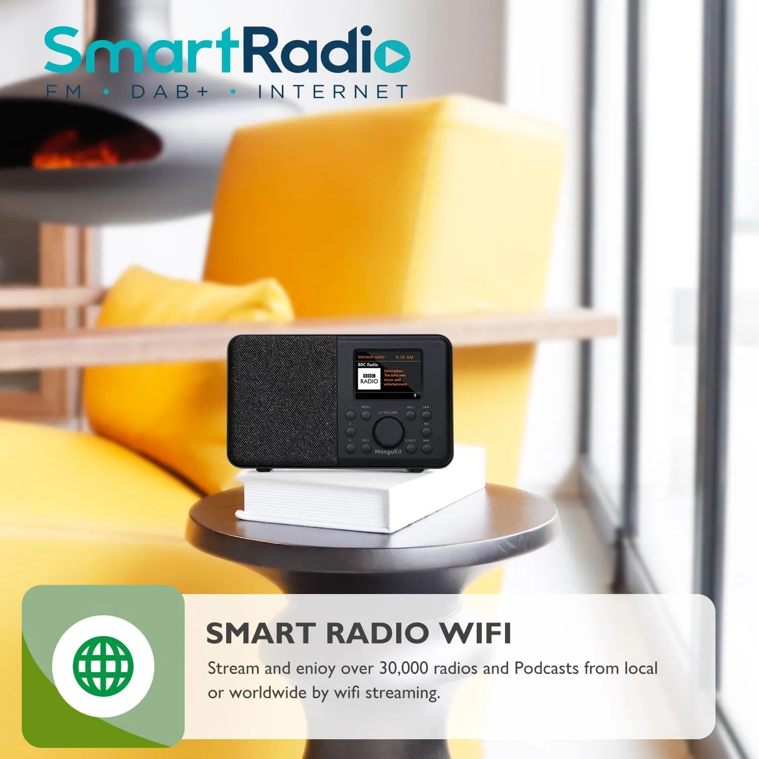 SR10 Smart WiFi Internet Radio, Podcast Player, Bluetooth Speaker, Portable FM Radio, Mains and Battery Powered Radio, Color Display,Dual Alarms, Presets,Application Control Support-Black